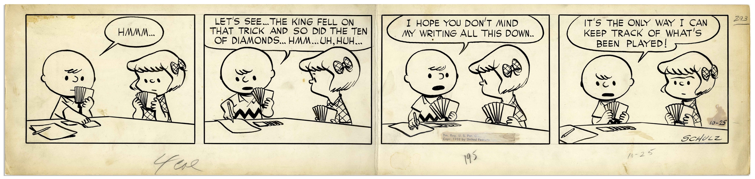 Charles Schulz Original Hand-Drawn ''Peanuts'' Comic Strip From 1952 -- Charlie Brown & Patty Play Bridge